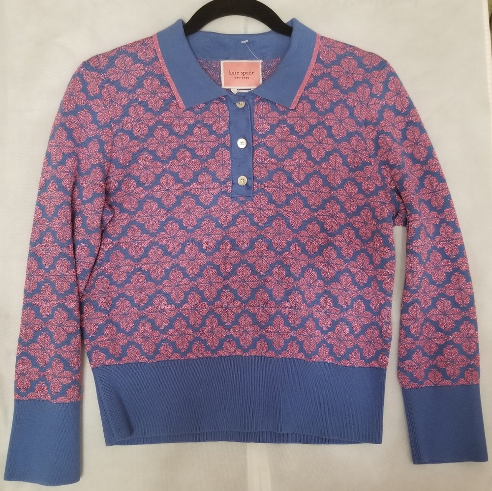 Kate Spade Women Floral Polo Sweater Size M Blue Pink